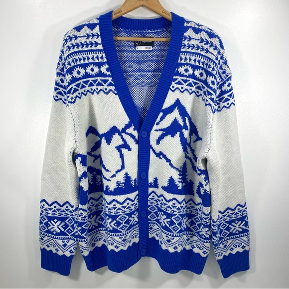 Original Use Blue Ivory Ski Mountain Scape Nordic Fair Isle Cardigan Sweater L - Picture 1 of 12